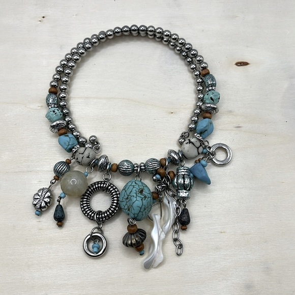 Faux Turquoise Brown Silvertone Beaded Statement Necklace Collar Style - Picture 1 of 11
